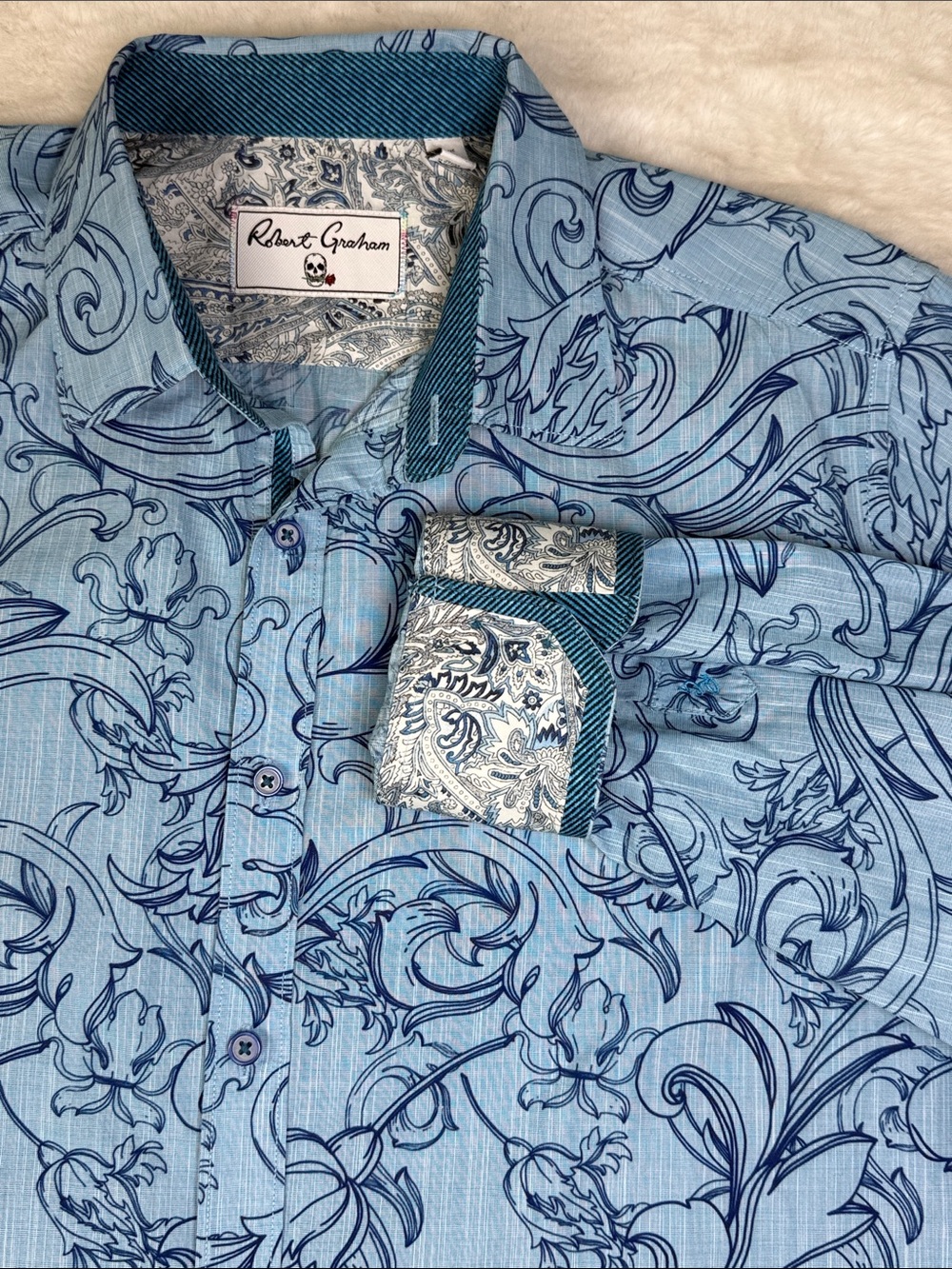 Robert Graham Button Up LS Shirt 2XL Classic Fit Blue Flip Cuff Baroque Scroll